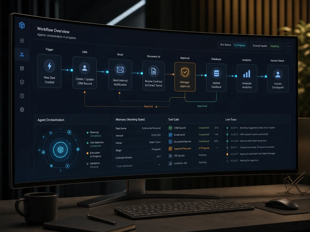 Agentic AI workflow coordinating tools, approvals and business systems