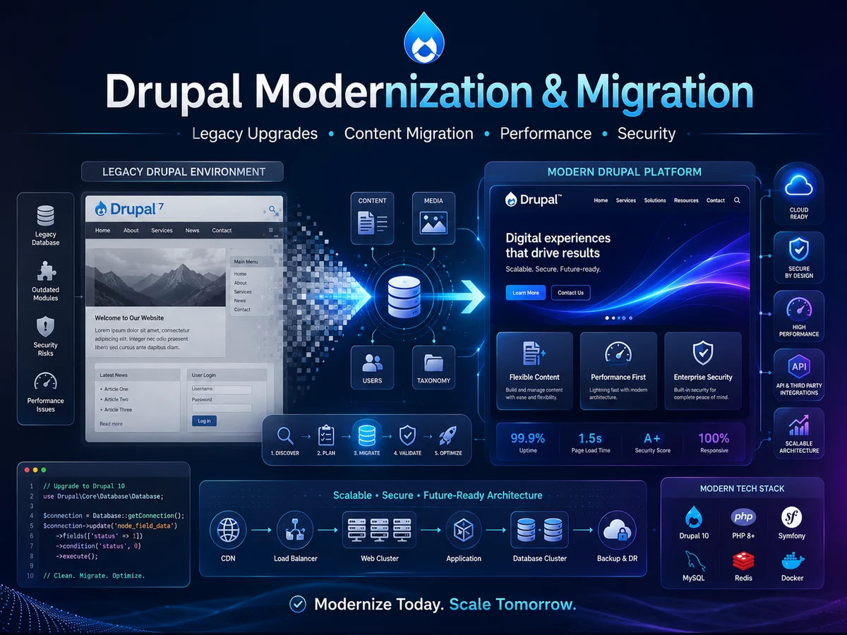 Drupal modernization and migration from a legacy environment to a secure, scalable modern platform